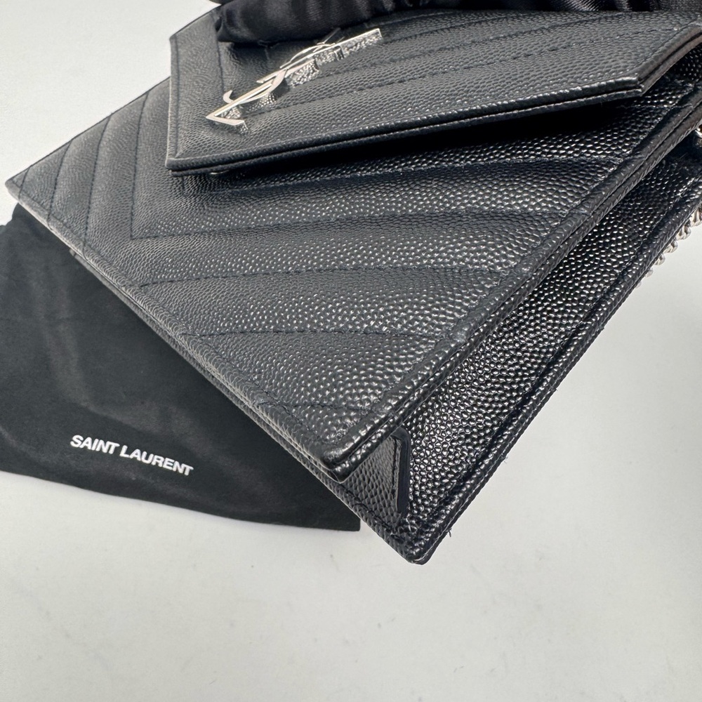 💯💎Authentic💎 Saint Laurent Calfskin Envelope Black Leather Wallet On Chain - Picture 8 of 13